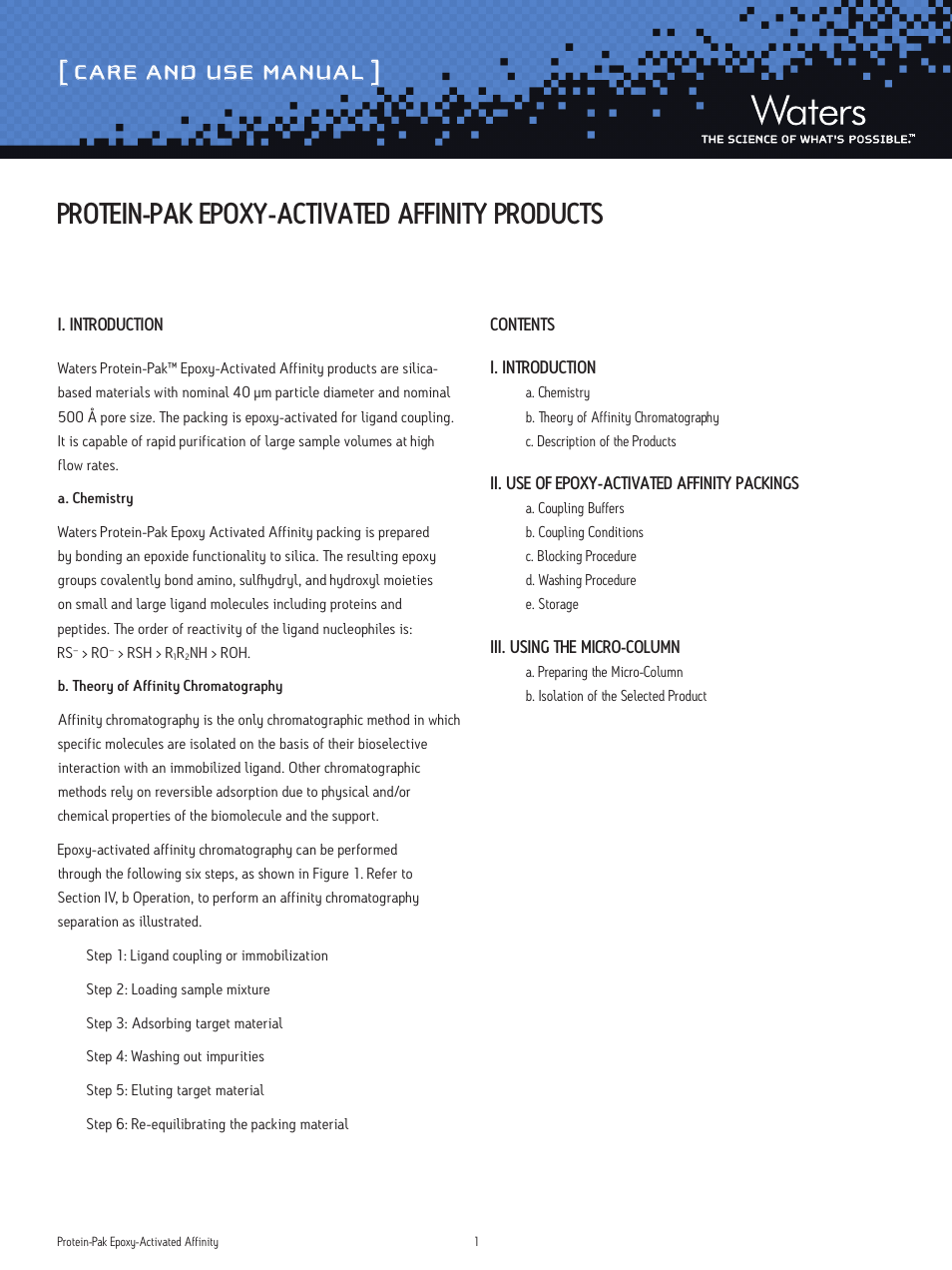 Waters Protein-Pak Epoxy-Activated Affinity Products User Manual | 6 pages