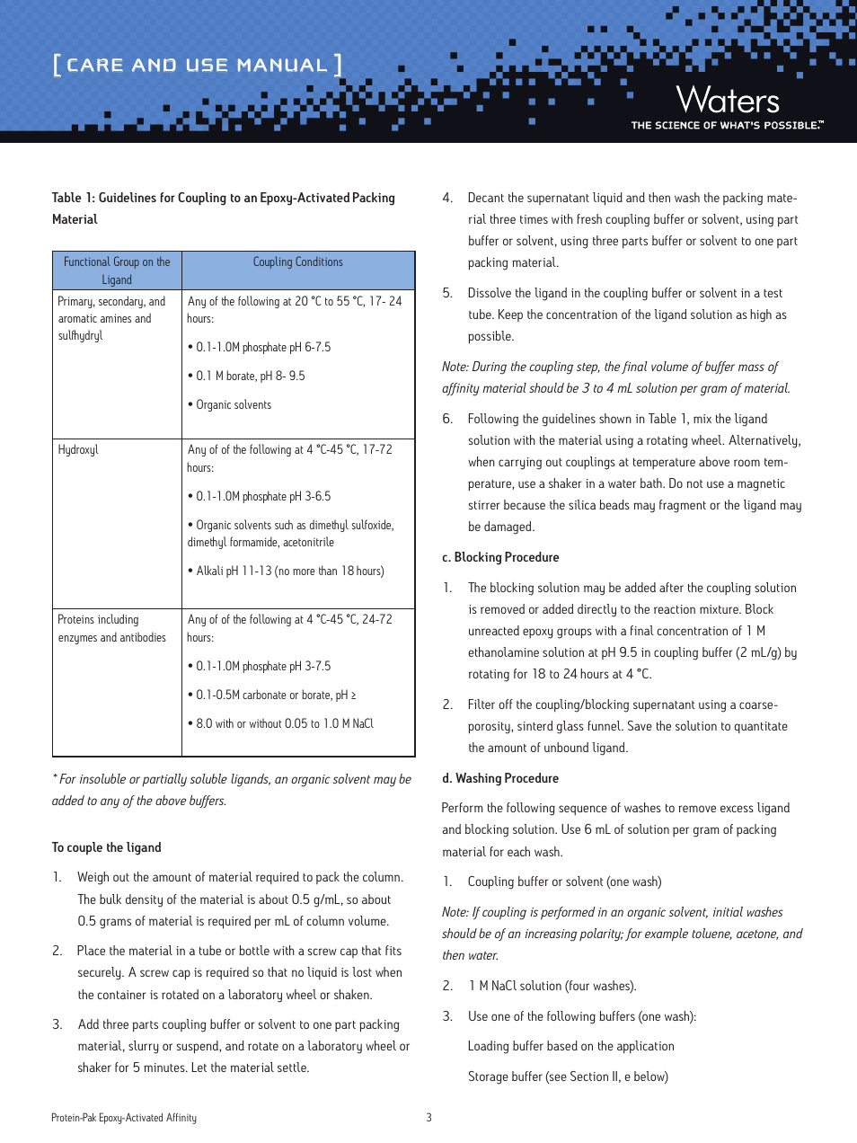 Care and use manual | Waters Protein-Pak Epoxy-Activated Affinity Products User Manual | Page 3 / 6