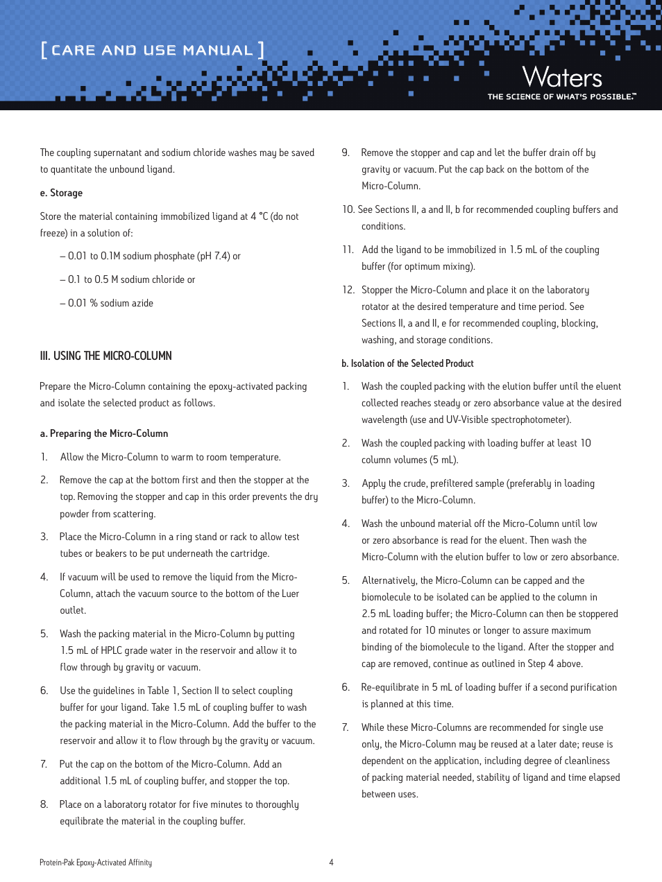 Care and use manual | Waters Protein-Pak Epoxy-Activated Affinity Products User Manual | Page 4 / 6