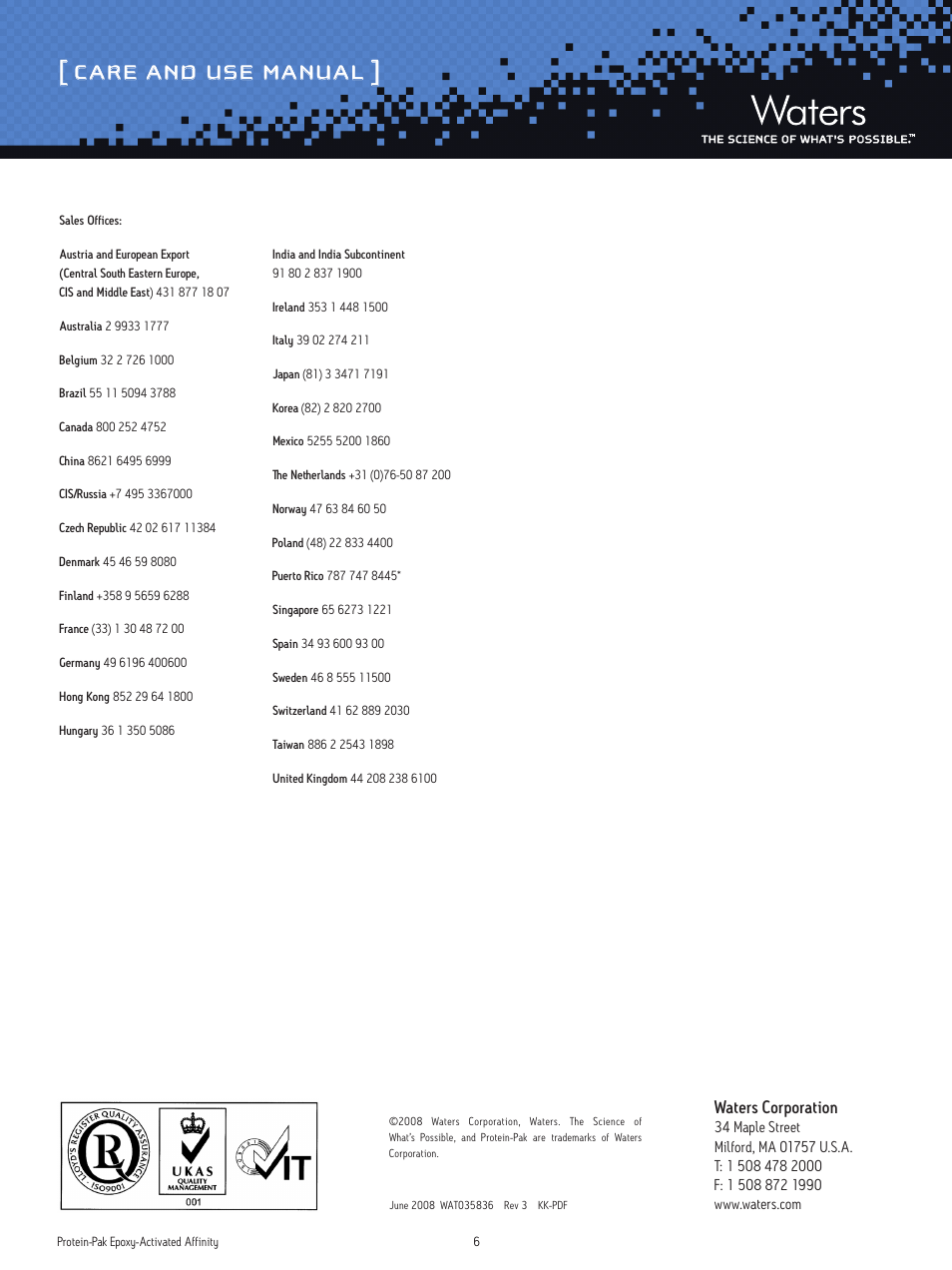 Care and use manual, Waters corporation | Waters Protein-Pak Epoxy-Activated Affinity Products User Manual | Page 6 / 6