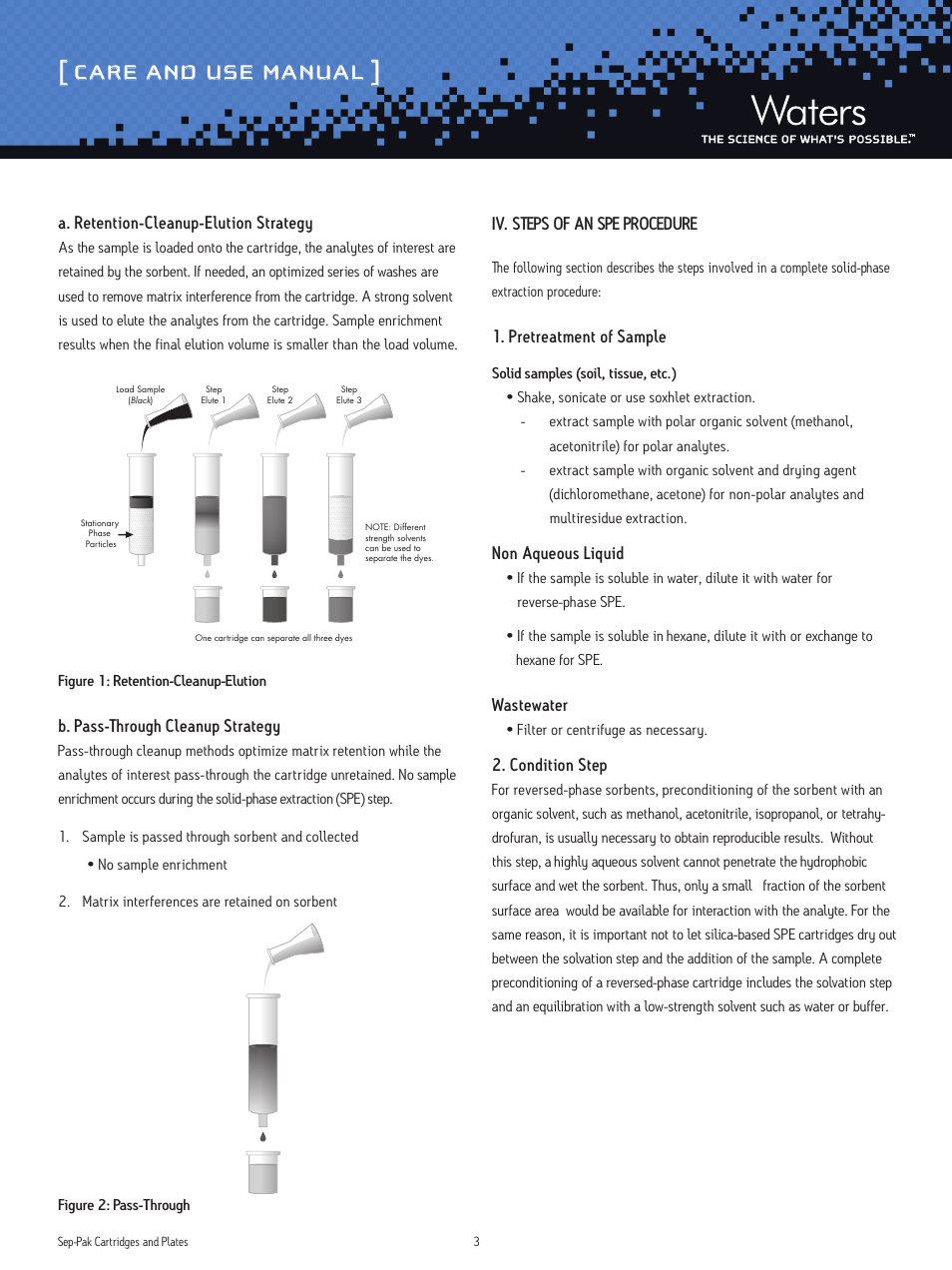 Care and use manual, Iv. steps of an spe procedure, Pretreatment of sample | Non aqueous liquid, Wastewater, Condition step, A. retention-cleanup-elution strategy, B. pass-through cleanup strategy | Waters Sep-Pak Cartridges and Plates User Manual | Page 3 / 6