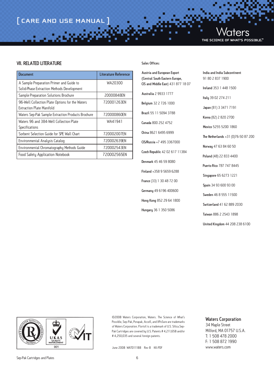 Care and use manual, Vii. related literature waters corporation | Waters Sep-Pak Cartridges and Plates User Manual | Page 6 / 6