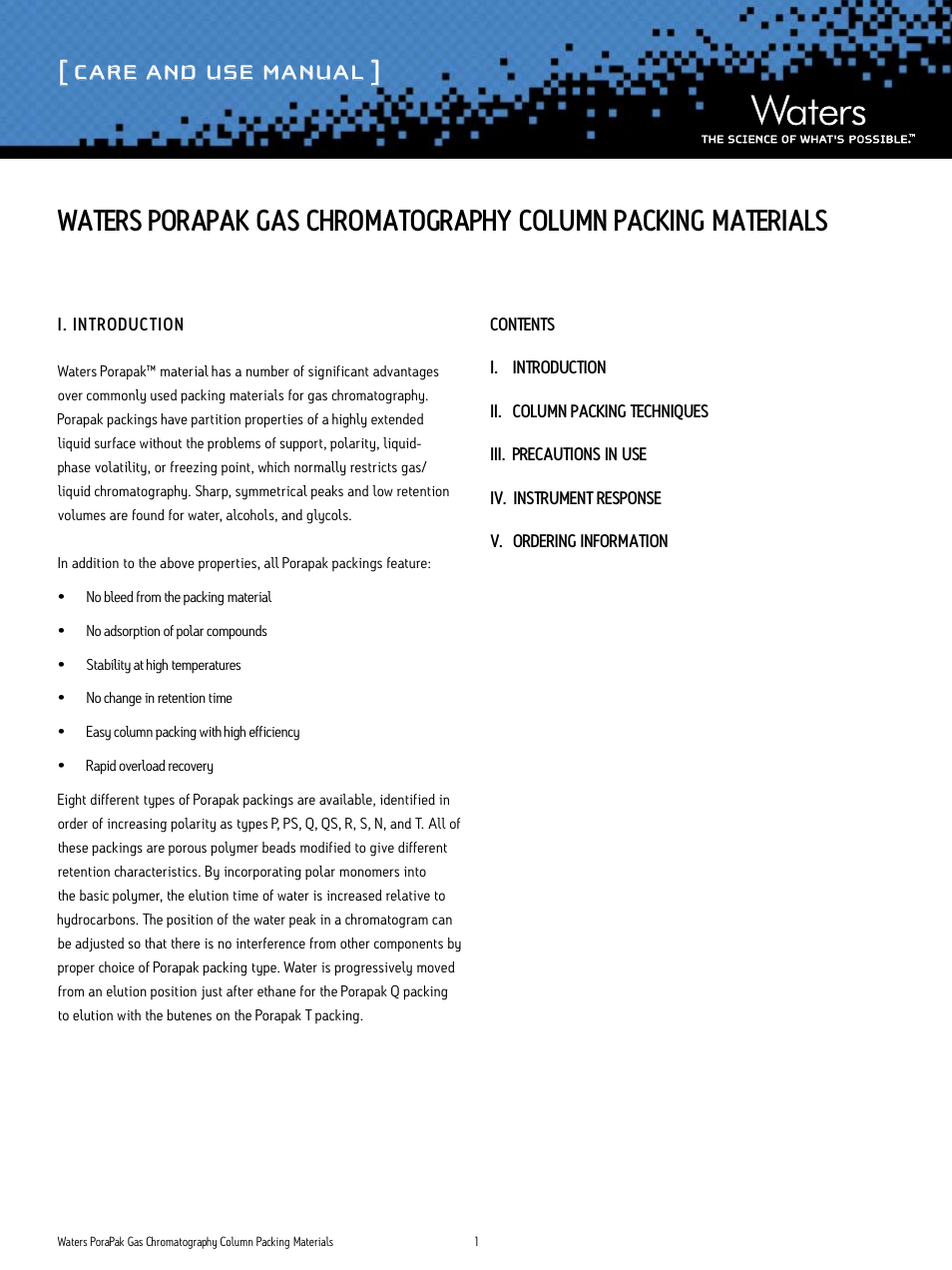 Waters Porapak Gas Chromatography Column Packing Materials User Manual | 3 pages