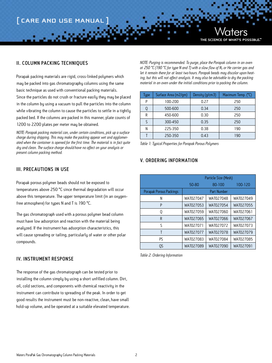 Care and use manual | Waters Porapak Gas Chromatography Column Packing Materials User Manual | Page 2 / 3