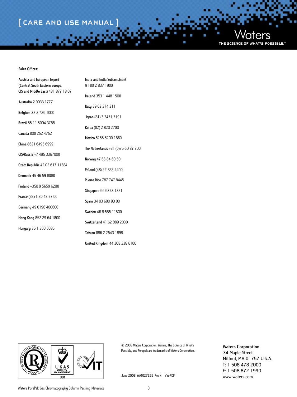 Care and use manual | Waters Porapak Gas Chromatography Column Packing Materials User Manual | Page 3 / 3