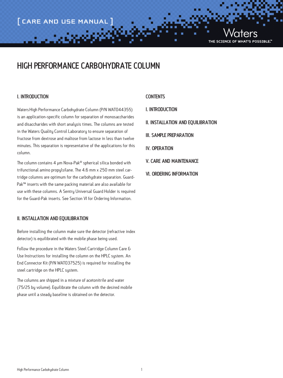 Waters High Performance Carbohydrate Column User Manual | 4 pages