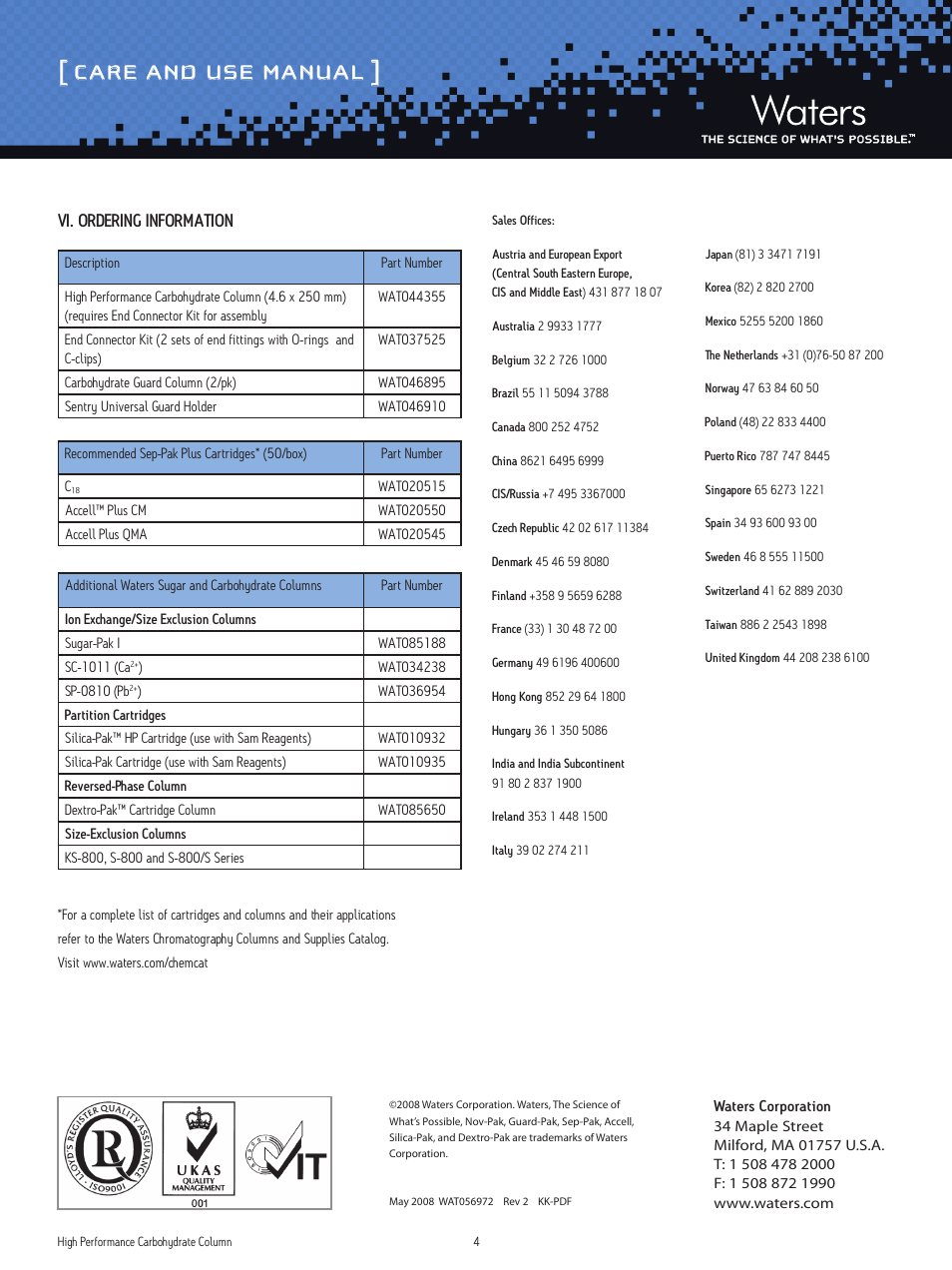 Care and use manual, Vi. ordering information | Waters High Performance Carbohydrate Column User Manual | Page 4 / 4