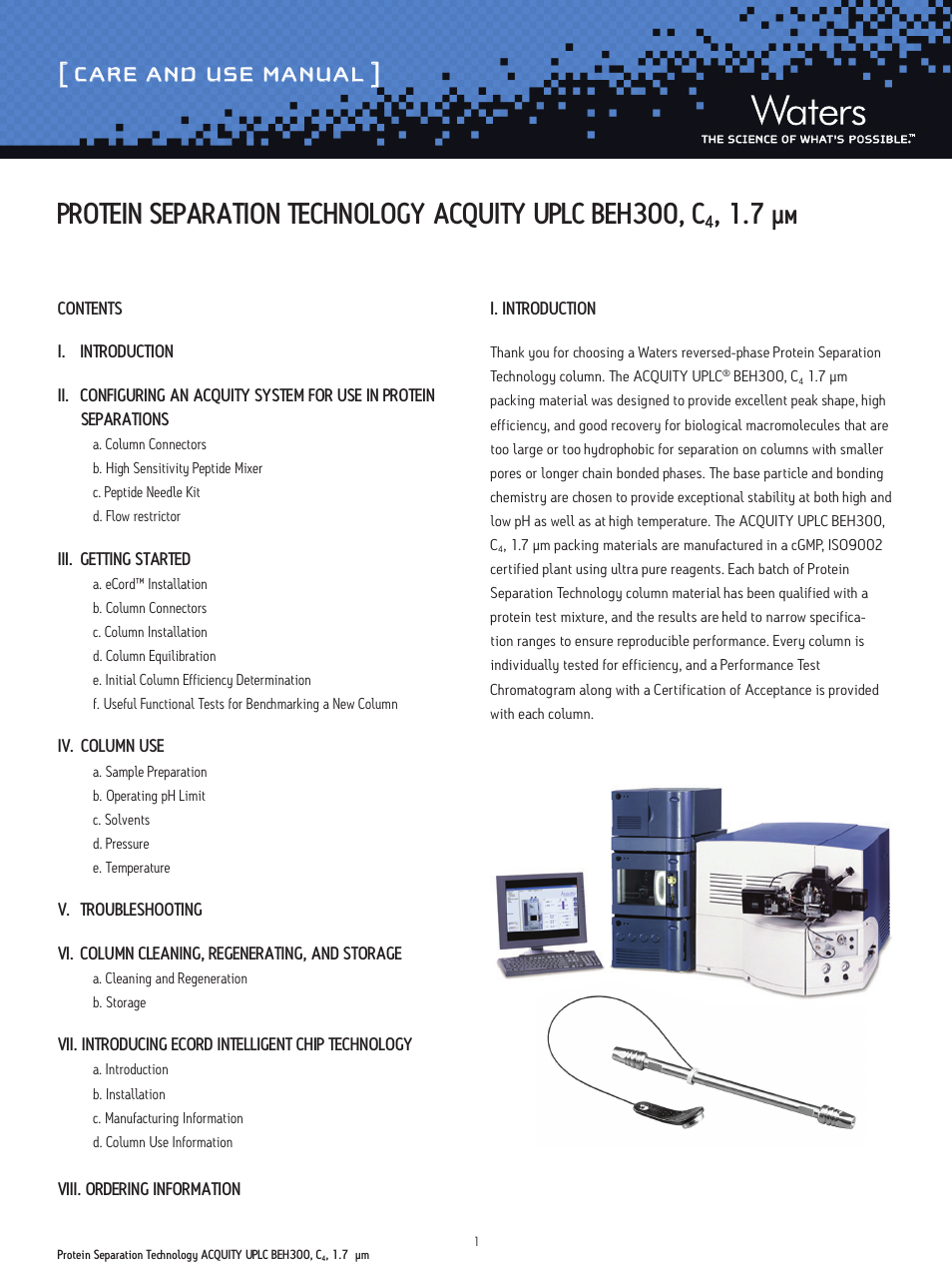 Waters Protein Separation Technology ACQUITY UPLC BEH300, C4, 1.7 µm Columns User Manual | 11 pages