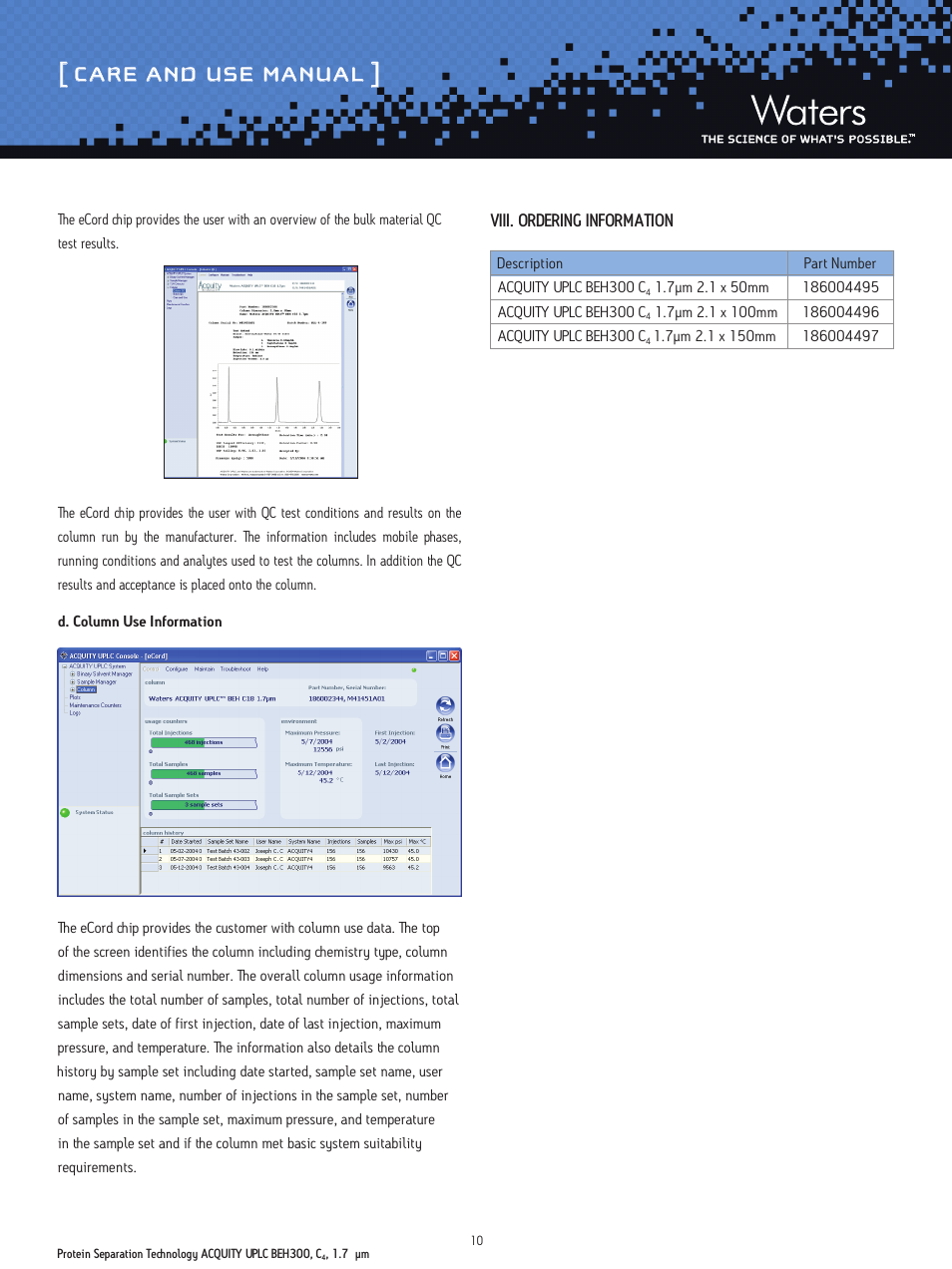 Care and use manual | Waters Protein Separation Technology ACQUITY UPLC BEH300, C4, 1.7 µm Columns User Manual | Page 10 / 11