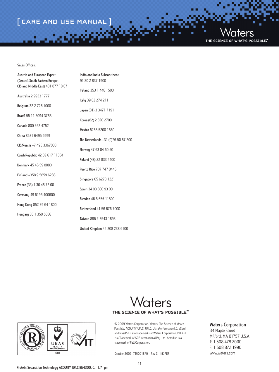 Care and use manual, Waters corporation | Waters Protein Separation Technology ACQUITY UPLC BEH300, C4, 1.7 µm Columns User Manual | Page 11 / 11