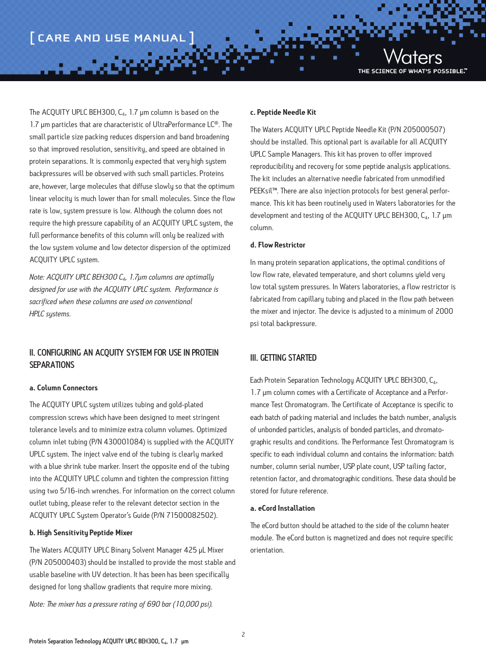 Care and use manual | Waters Protein Separation Technology ACQUITY UPLC BEH300, C4, 1.7 µm Columns User Manual | Page 2 / 11