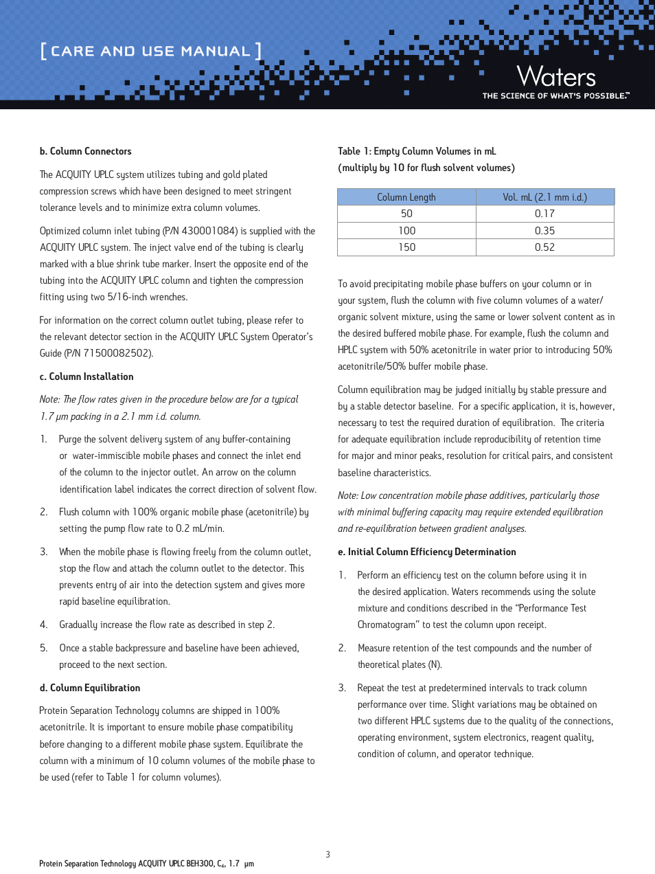 Care and use manual | Waters Protein Separation Technology ACQUITY UPLC BEH300, C4, 1.7 µm Columns User Manual | Page 3 / 11