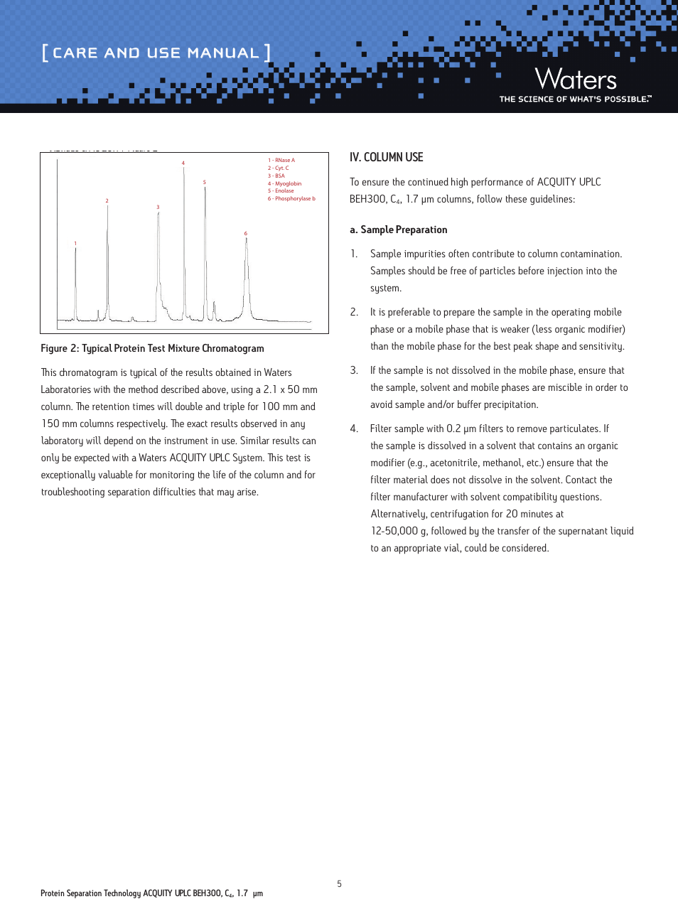 Care and use manual, Iv. column use | Waters Protein Separation Technology ACQUITY UPLC BEH300, C4, 1.7 µm Columns User Manual | Page 5 / 11