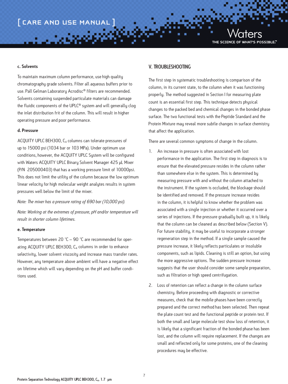 Care and use manual | Waters Protein Separation Technology ACQUITY UPLC BEH300, C4, 1.7 µm Columns User Manual | Page 7 / 11