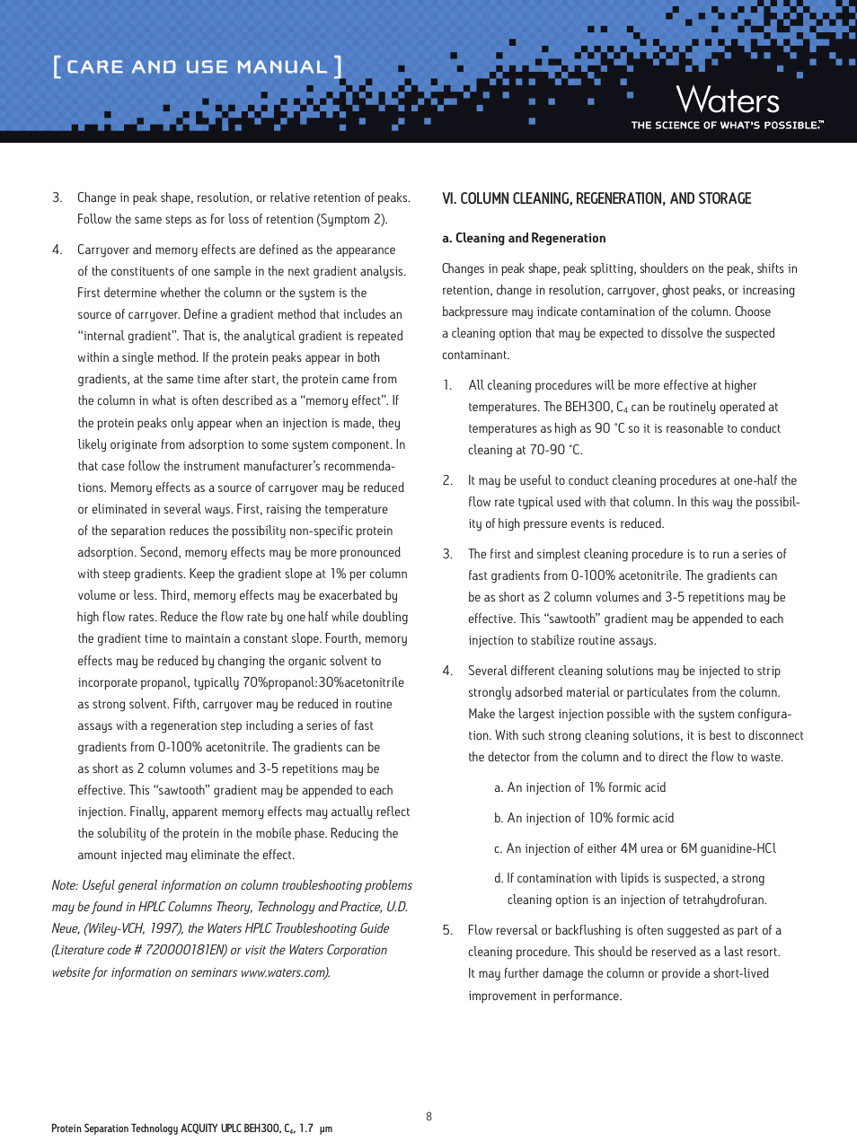 Care and use manual | Waters Protein Separation Technology ACQUITY UPLC BEH300, C4, 1.7 µm Columns User Manual | Page 8 / 11