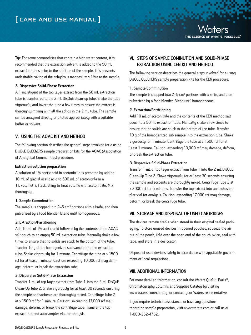 Care and use manual | Waters DisQuE Dispersive Sample Preparation Kit User Manual | Page 3 / 5