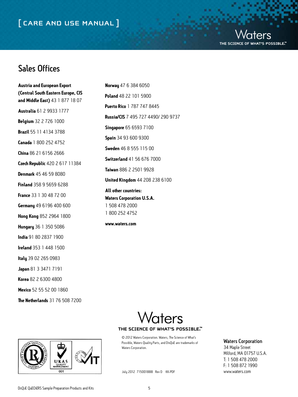 Care and use manual, Sales offices | Waters DisQuE Dispersive Sample Preparation Kit User Manual | Page 5 / 5