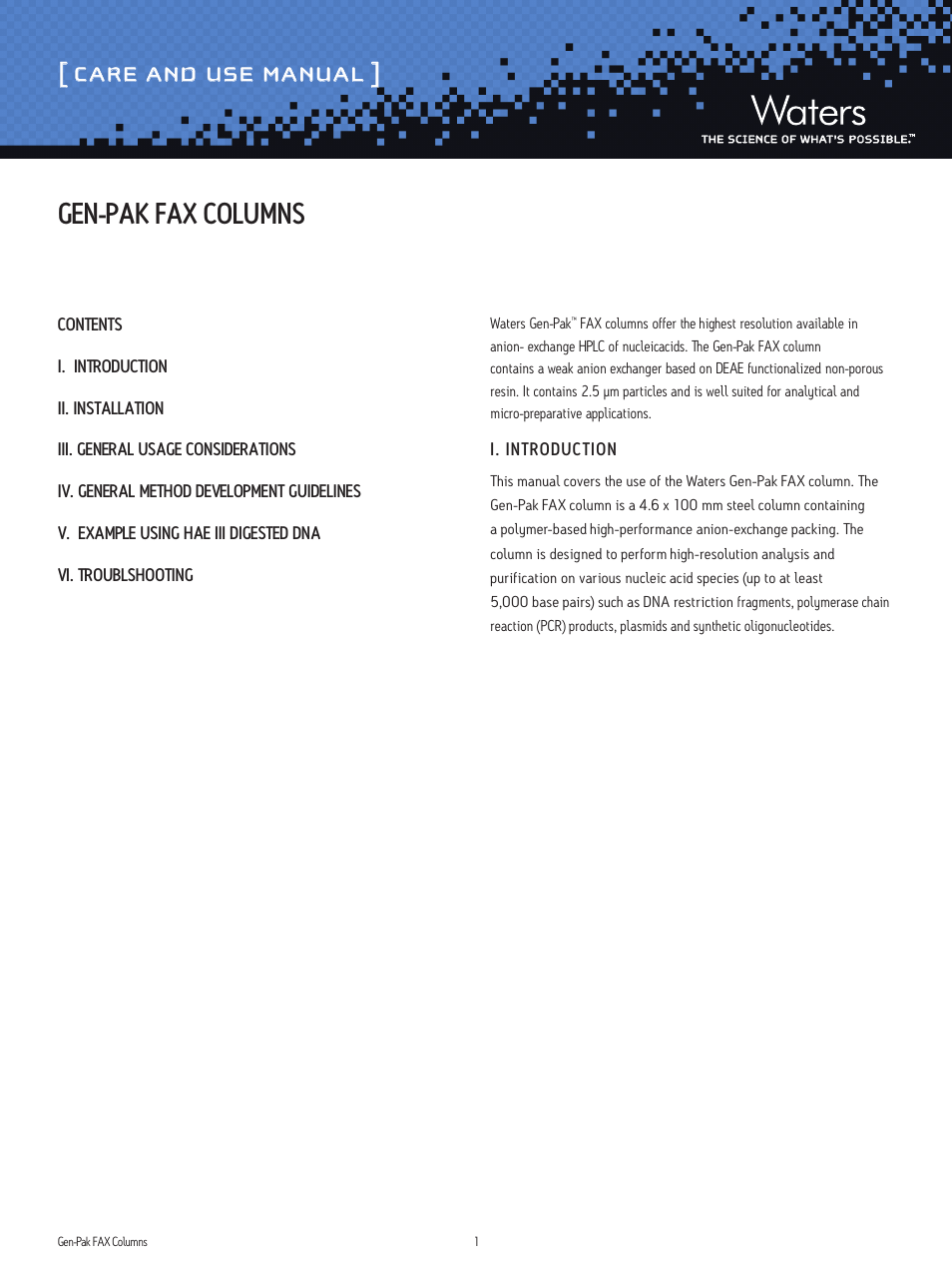 Waters Gen-Pak FAX Columns User Manual | 7 pages