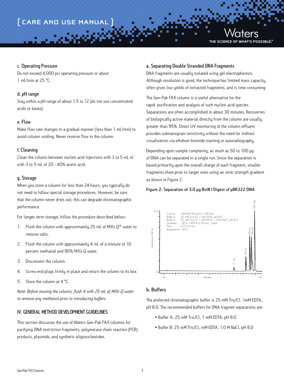 Care and use manual, C. operating pressure, D. ph range | E. flow, F. cleaning, G. storage, Iv. general method development guidelines, A. separating double stranded dna fragments, B. buffers | Waters Gen-Pak FAX Columns User Manual | Page 3 / 7