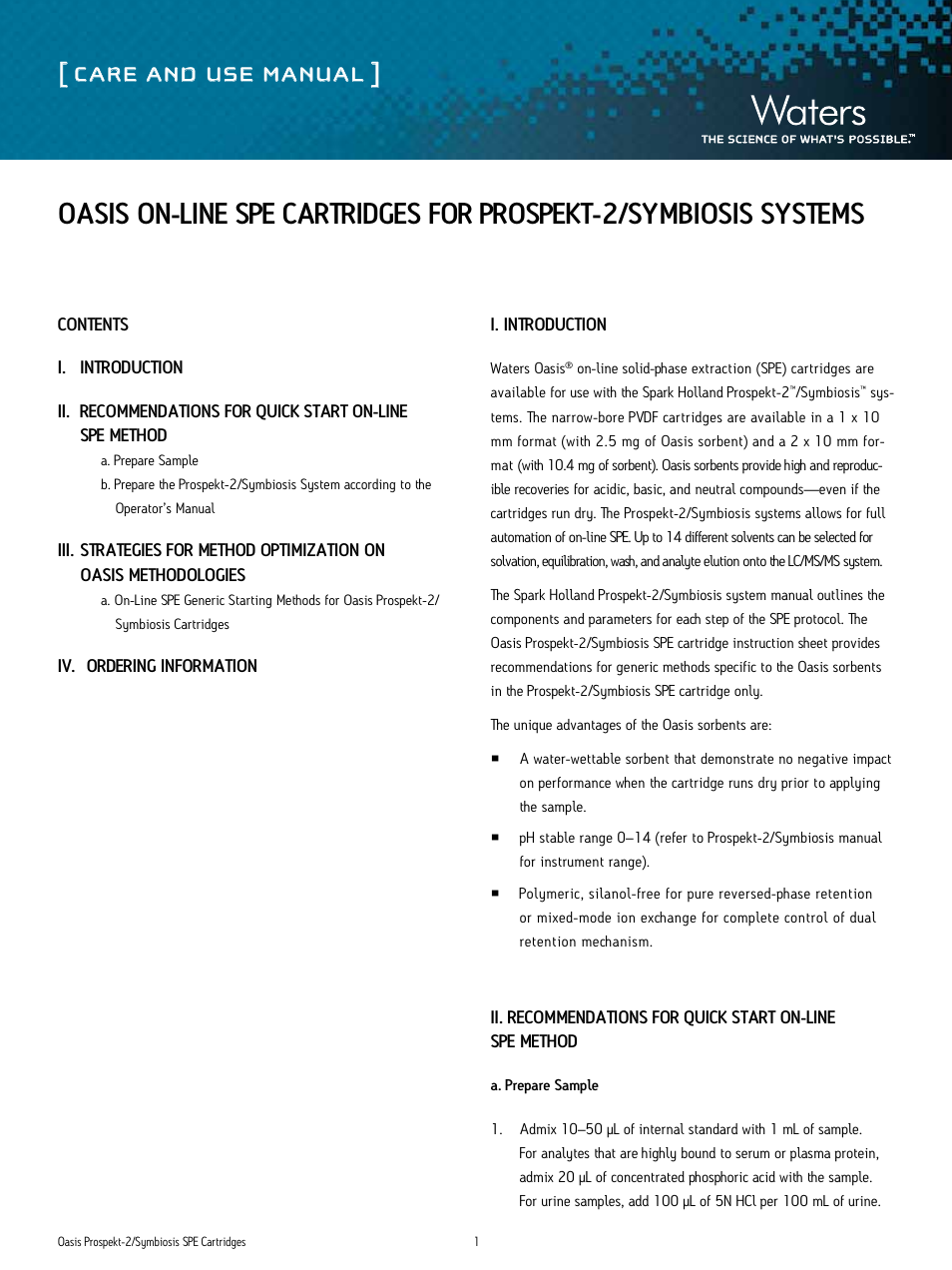 Waters Oasis Prospekt-2/Symbiosis Cartridges User Manual | 4 pages