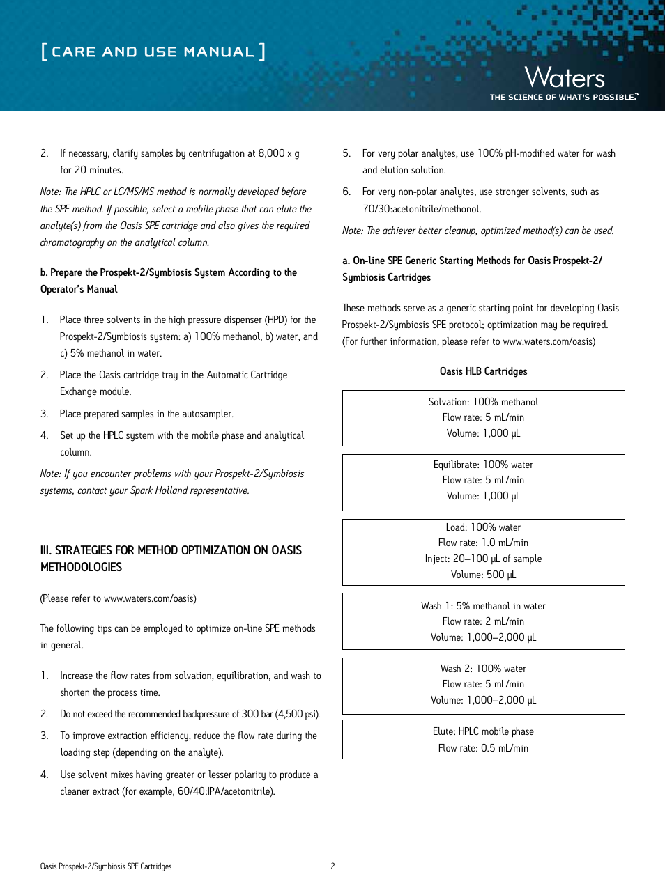 Care and use manual | Waters Oasis Prospekt-2/Symbiosis Cartridges User Manual | Page 2 / 4