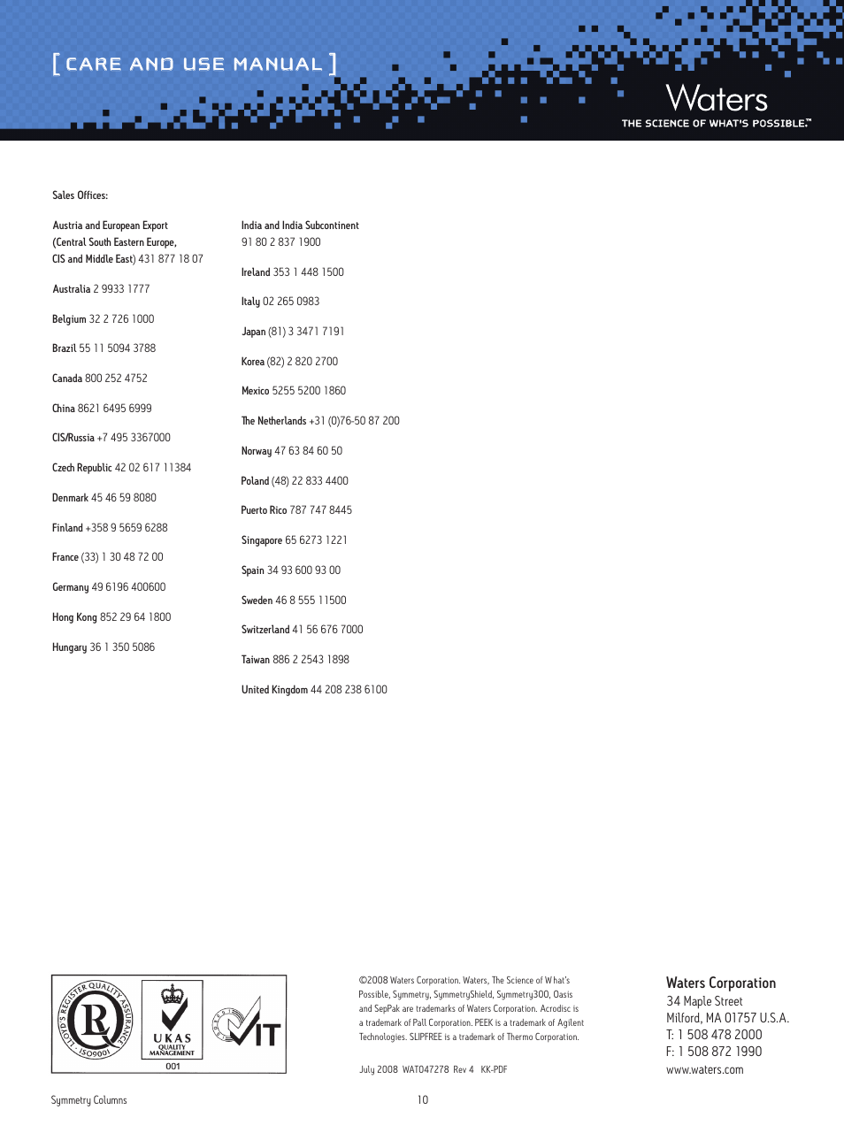Care and use manual, Waters corporation | Waters Symmetry Columns User Manual | Page 10 / 10