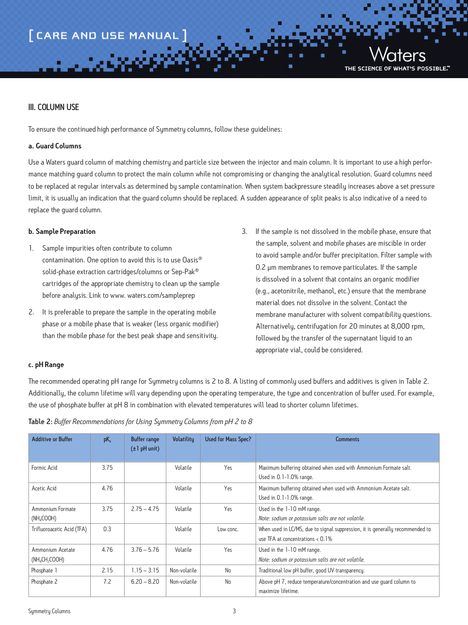 Care and use manual, Iii. column use | Waters Symmetry Columns User Manual | Page 3 / 10