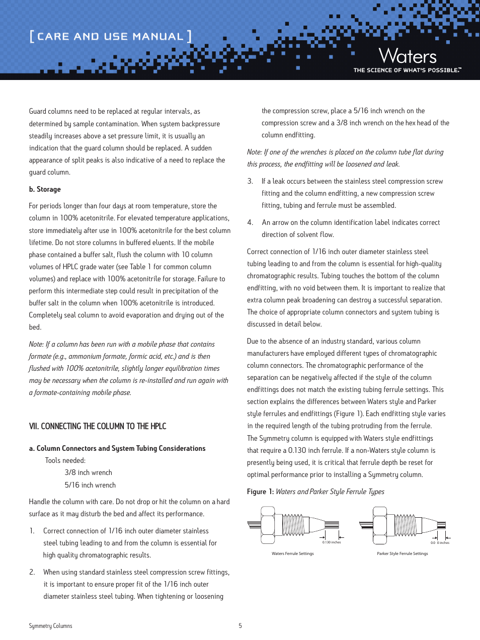 Care and use manual | Waters Symmetry Columns User Manual | Page 5 / 10