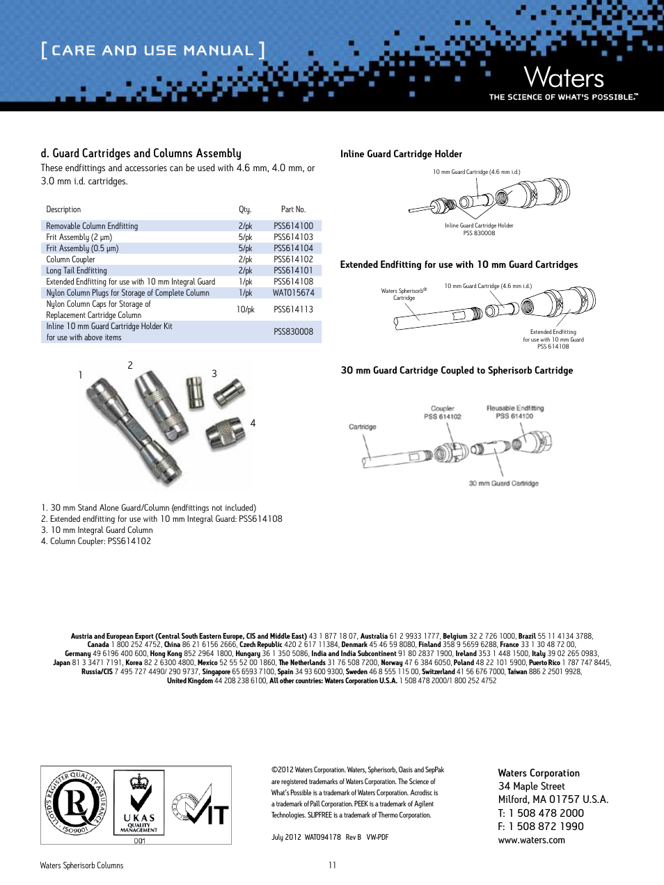 Care and use manual, D. guard cartridges and columns assembly | Waters Spherisorb Columns User Manual | Page 11 / 11