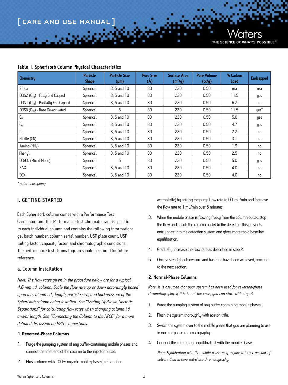 Care and use manual | Waters Spherisorb Columns User Manual | Page 2 / 11