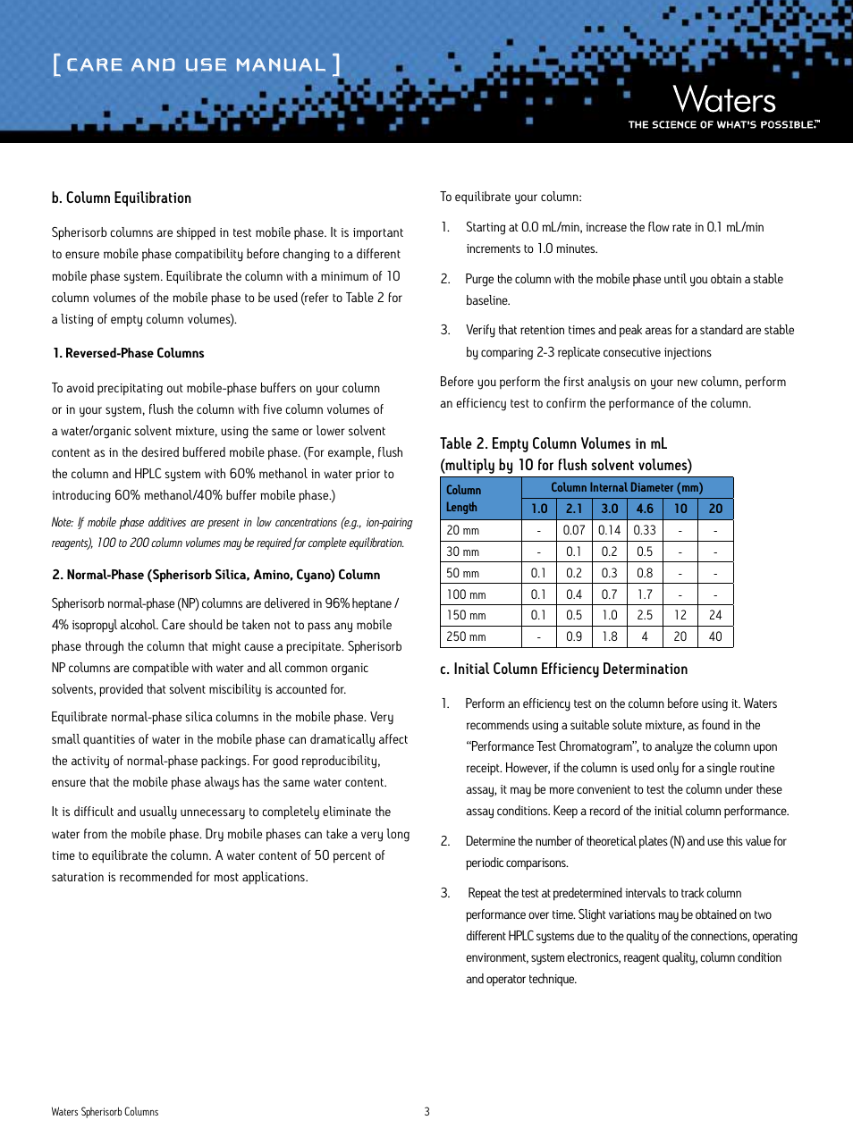 Care and use manual | Waters Spherisorb Columns User Manual | Page 3 / 11