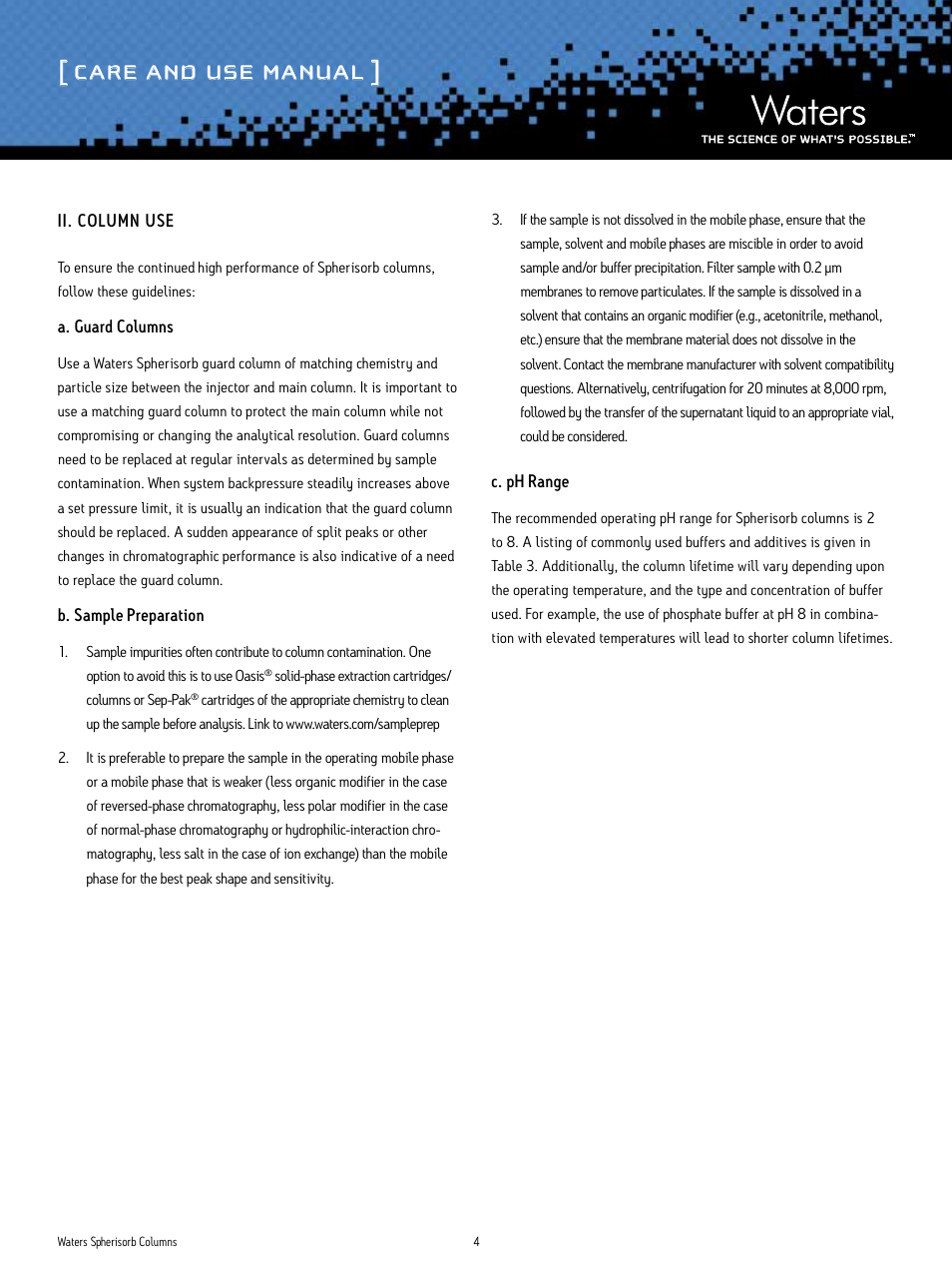 Care and use manual | Waters Spherisorb Columns User Manual | Page 4 / 11