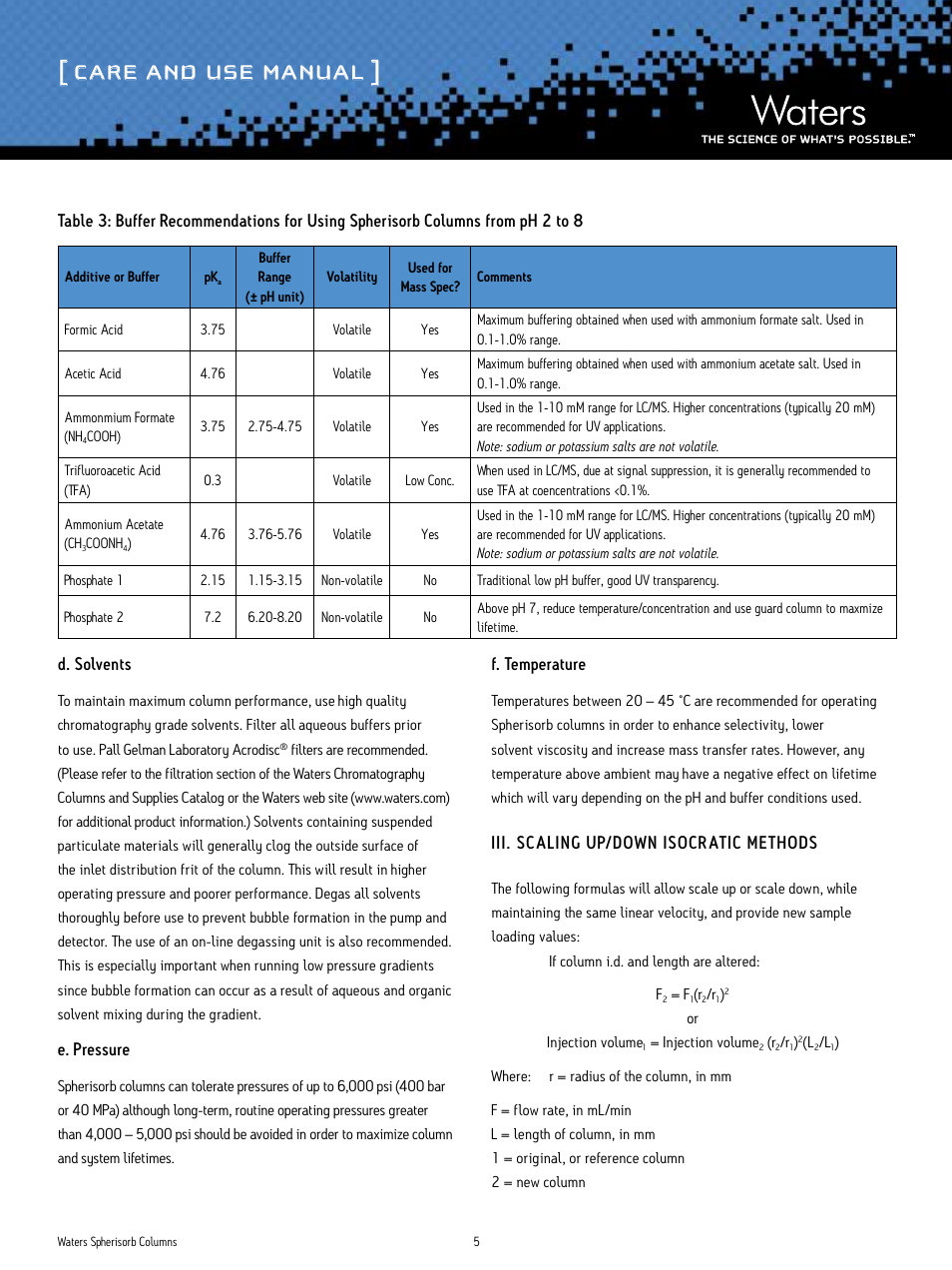 Care and use manual, D. solvents, E. pressure | F. temperature, Iii. scaling up/down isocratic methods | Waters Spherisorb Columns User Manual | Page 5 / 11