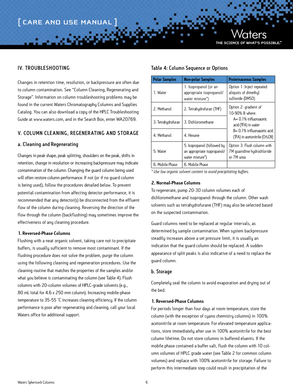 Care and use manual | Waters Spherisorb Columns User Manual | Page 6 / 11