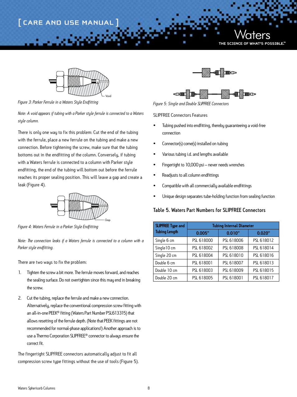 Care and use manual | Waters Spherisorb Columns User Manual | Page 8 / 11