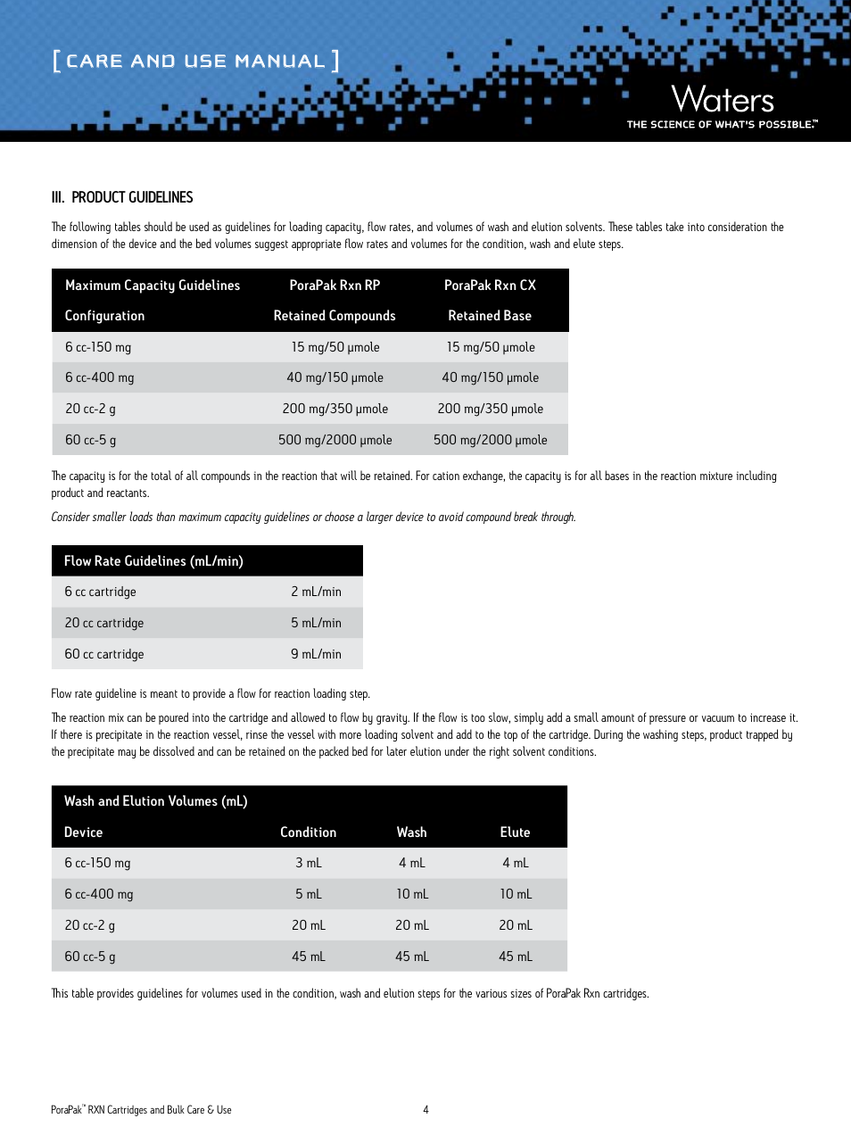 Care and use manual | Waters PoraPak RXN Cartridges User Manual | Page 4 / 5