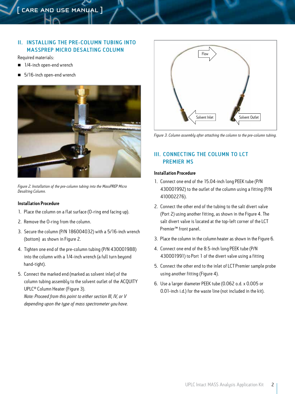 Care and use manual | Waters UPLC Intact Mass Analysis Application Kit User Manual | Page 2 / 8