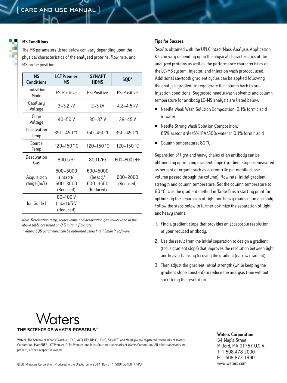 Care and use manual | Waters UPLC Intact Mass Analysis Application Kit User Manual | Page 8 / 8