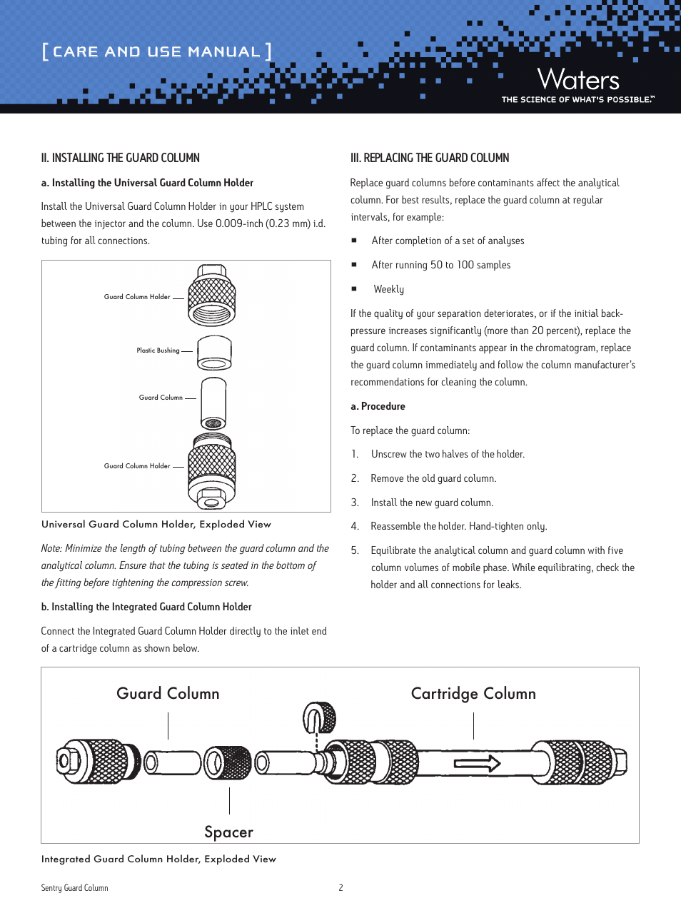 Care and use manual, Guard column cartridge column spacer | Waters Sentry Guard Column User Manual | Page 2 / 4