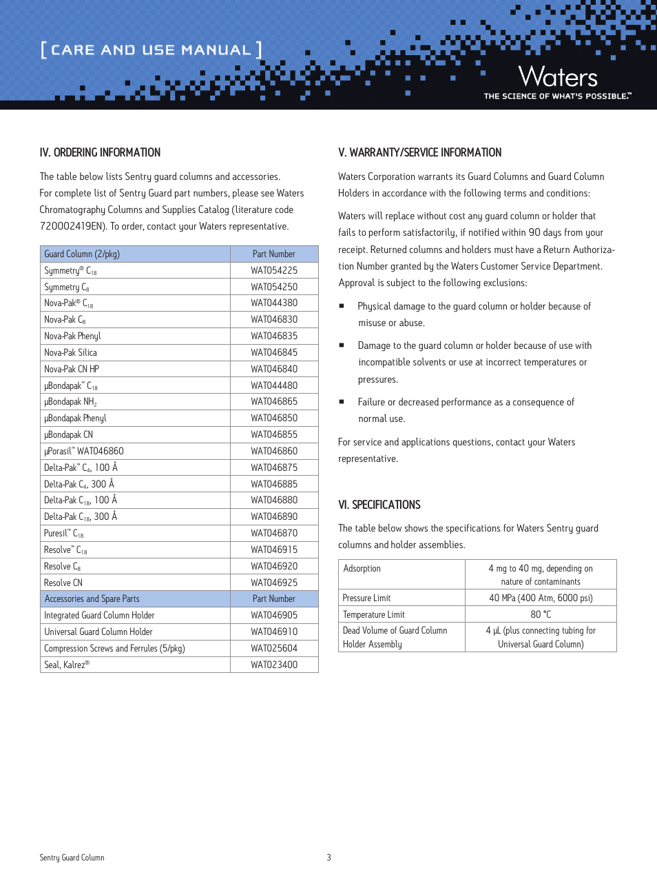 Care and use manual, Iv. ordering information, V. warranty/service information | Vi. specifications | Waters Sentry Guard Column User Manual | Page 3 / 4