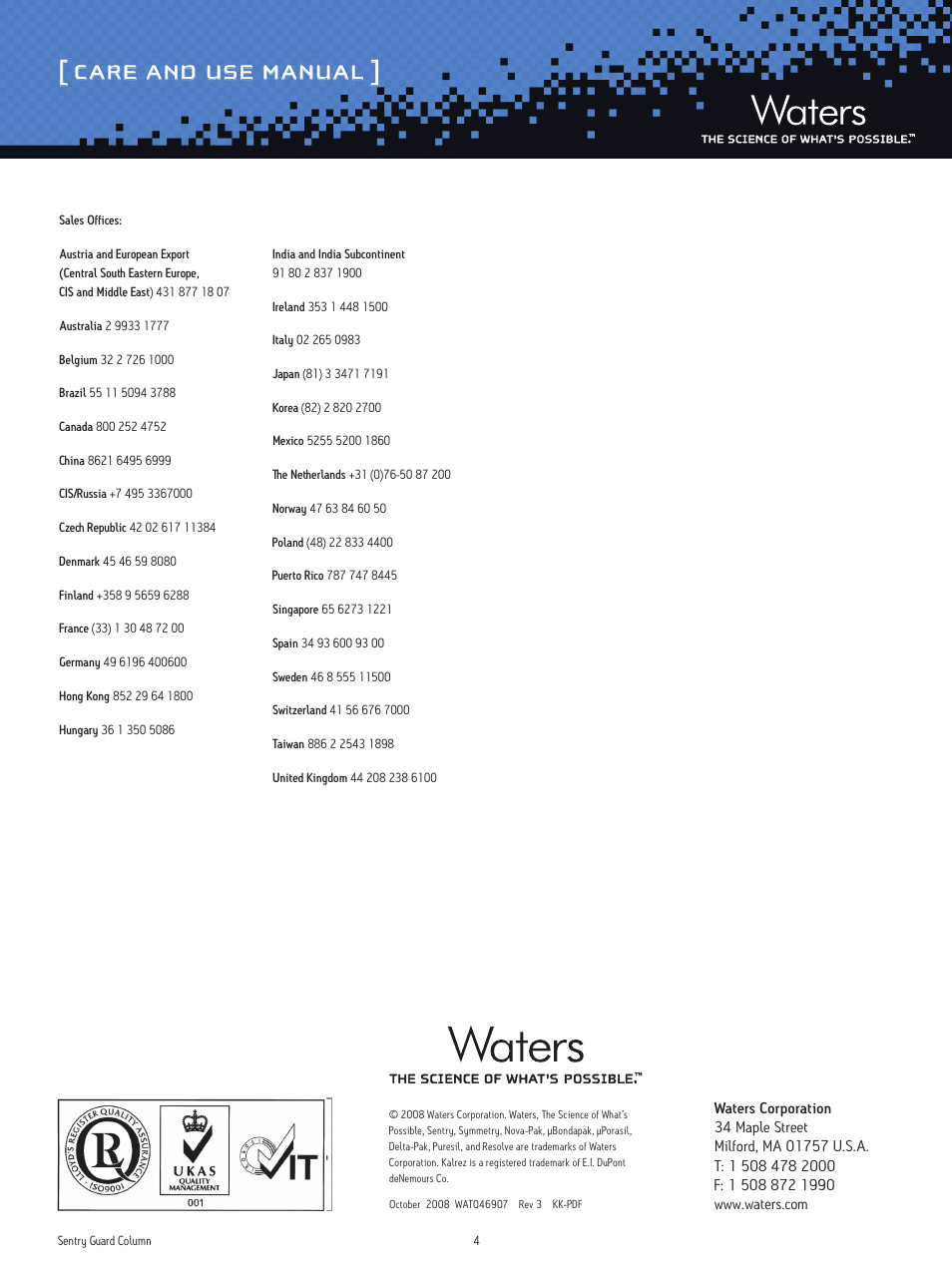 Care and use manual | Waters Sentry Guard Column User Manual | Page 4 / 4