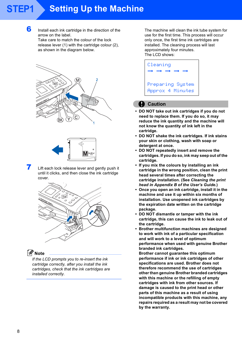 Step1, Setting up the machine, Caution | Brother DCP-750CW User Manual | Page 10 / 51