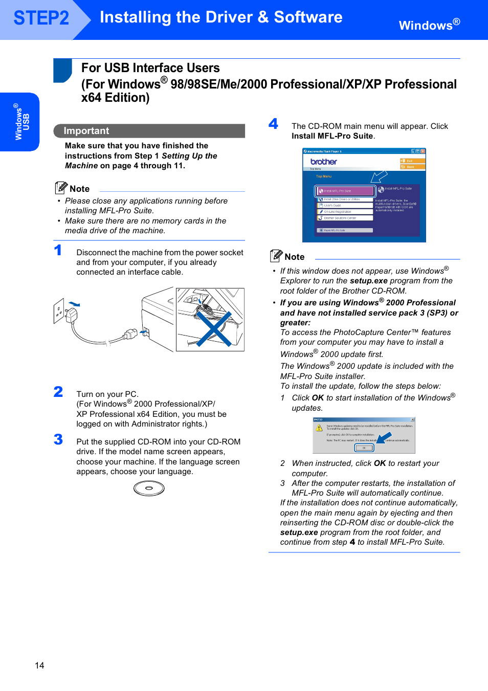 Windows, For usb interface users (for windows, For usb interface users | For windows, Step2, Installing the driver & software, Important | Brother DCP-750CW User Manual | Page 16 / 51