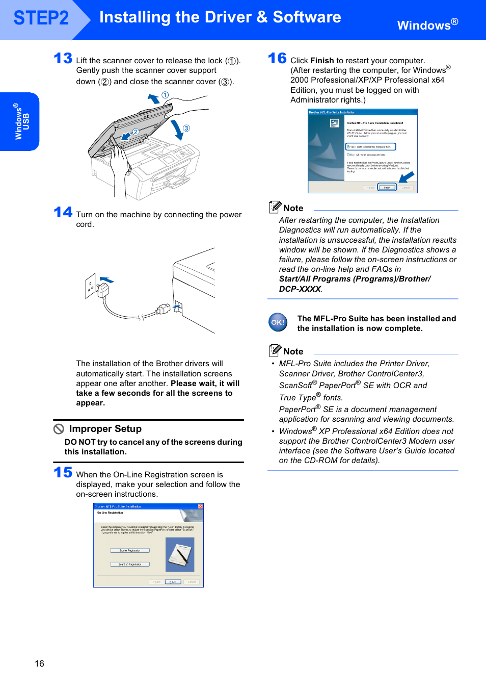 Step2, Installing the driver & software, Windows | Improper setup | Brother DCP-750CW User Manual | Page 18 / 51