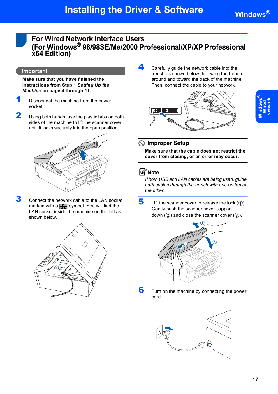 For wired network interface users (for windows, For wired network interface users, For windows | Installing the driver & software, Windows | Brother DCP-750CW User Manual | Page 19 / 51