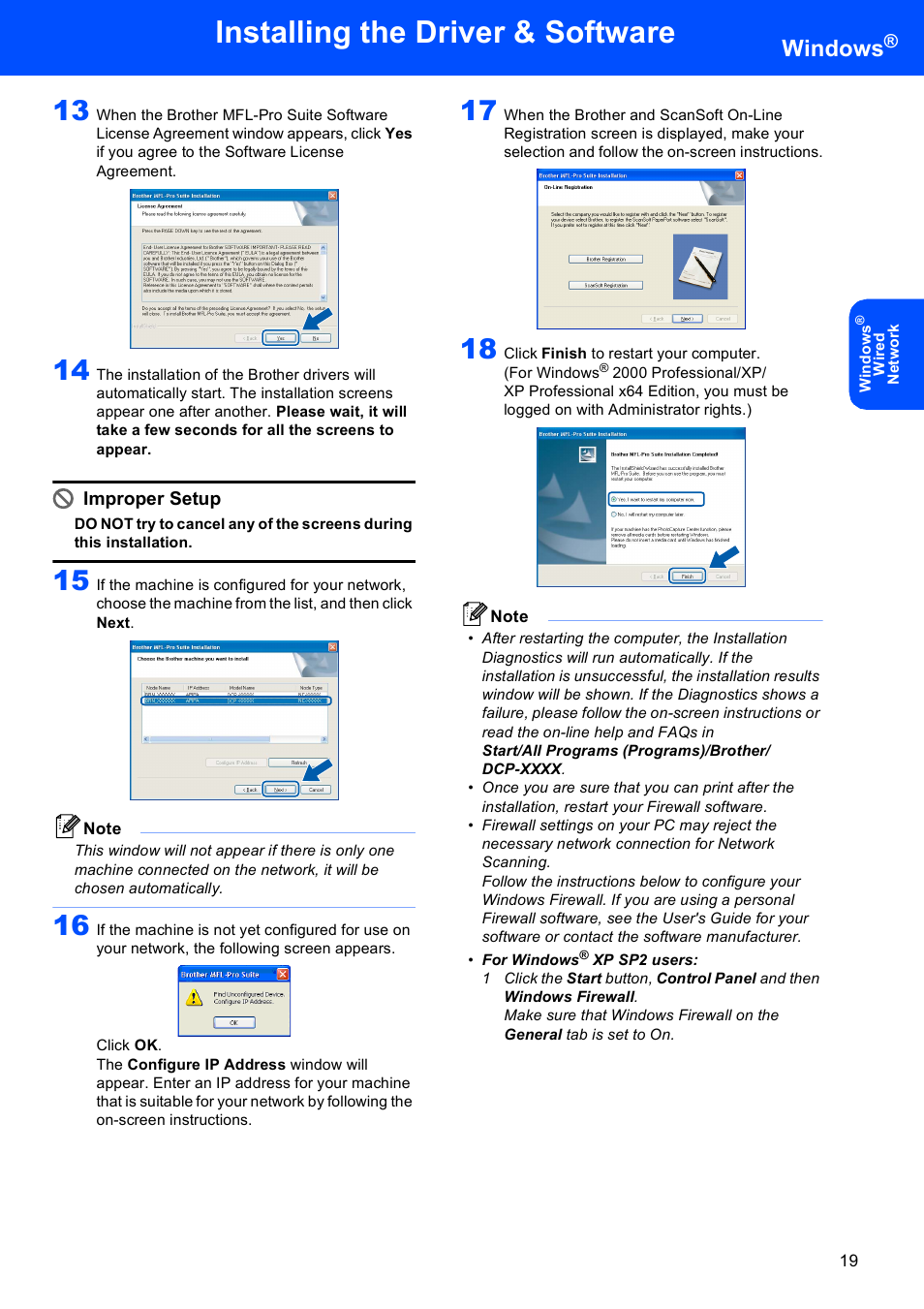 Installing the driver & software, Windows, Improper setup | Brother DCP-750CW User Manual | Page 21 / 51