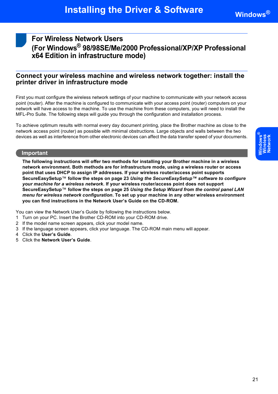 For wireless network users (for windows, In infrastructure mode), 98/98se/me/2000 professional/xp | Installing the driver & software, Windows | Brother DCP-750CW User Manual | Page 23 / 51