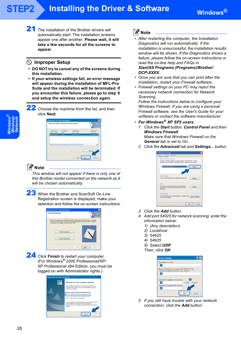 Step2, Installing the driver & software, Windows | Improper setup | Brother DCP-750CW User Manual | Page 30 / 51