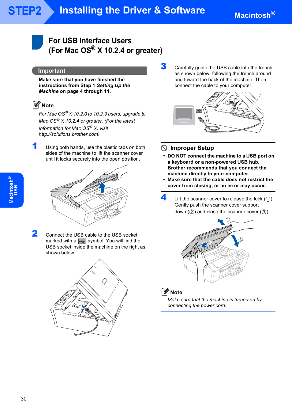 Macintosh, For usb interface users (for mac os, X 10.2.4 or greater) | For usb interface users, For mac os, Step2, Installing the driver & software | Brother DCP-750CW User Manual | Page 32 / 51