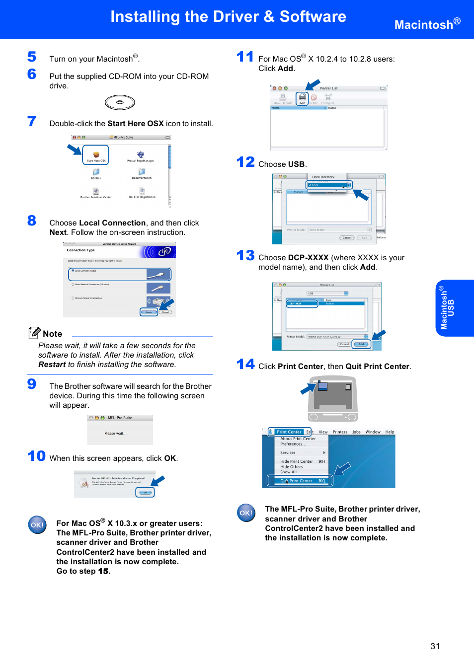 Installing the driver & software, Macintosh | Brother DCP-750CW User Manual | Page 33 / 51